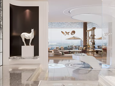 Modern Elegant Lobby Interior With White Horse Sculpture Marble Floor And Circular Design 3d model
