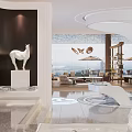 Modern Elegant Lobby Interior With White Horse Sculpture Marble Floor And Circular Design