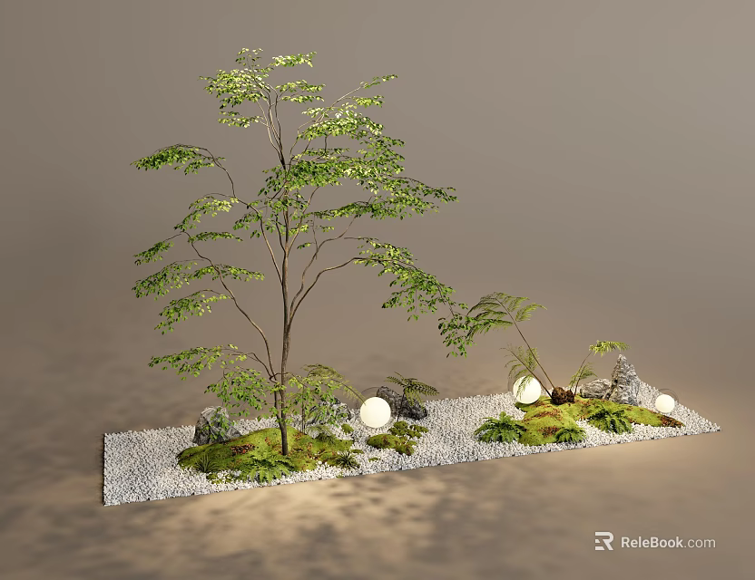 Natural Plant Combination With Tree Moss Stones And Sphere Lights 3d model
