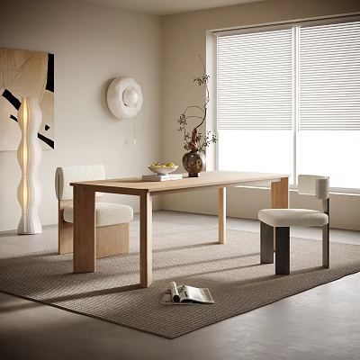 Modern Dining Table Set With Wooden Frame Upholstered Chairs And Decorative Vase 3d model