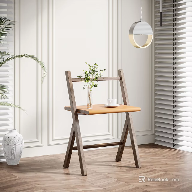 Modern Minimalist Wooden Side Table With Green Plant And White Cup On Wooden Floor 3d model 