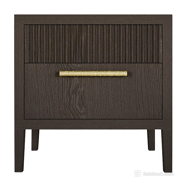 Modern Dark Wooden Nightstand With Vertical Slats Top Gold Handle Drawer And Slim Legs 3d model 