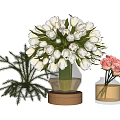 Decorative Glass Vase with Gold Base White Tulips Orange Blossoms and Green Foliage