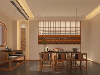Traditional Tea House Interior Design With Chinese Wooden Furniture And Tea Table Setup 3d model