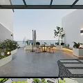 Scenic Roof Garden With City View Gray Tiled Flooring White Walls Outdoor Seating And Lighting