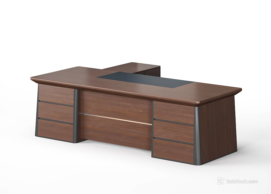 Modern Wooden Office Desk With Multiple Drawers And Black Surface Area 3d model 