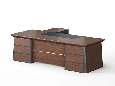 Modern Wooden Office Desk With Multiple Drawers And Black Surface Area 3d model