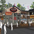 Traditional Style Commercial Street With Lanterns String Lights And Outdoor Dining Areas