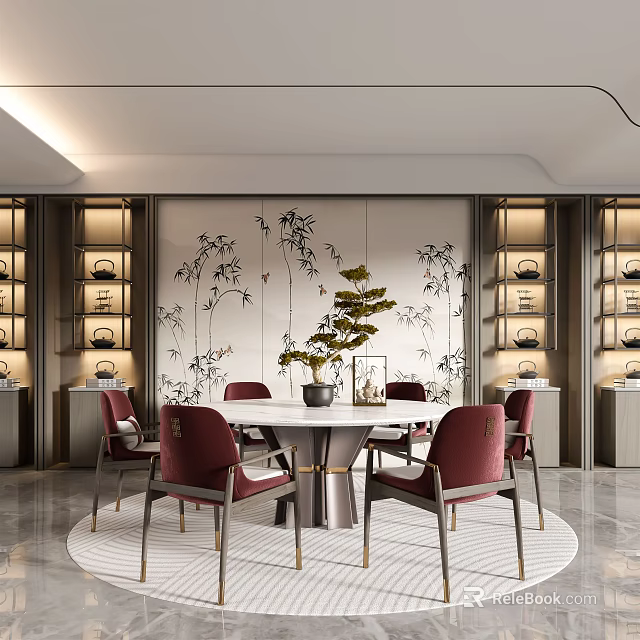 Elegant Modern Restaurant Interior Featuring Round Table Red Chairs Bamboo Pattern Wall And Display Cabinets 3d model