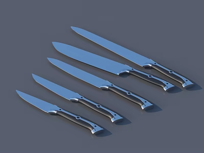 Sharp Kitchen Knives In Various Sizes With Silver Blades And Dark Handles 3d model