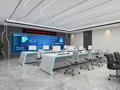 Modern Control Room Interior Design With Multiple Monitors Control Desks And Office Chairs 3d model