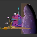 Cute Cartoon Magical Cottage Scene With Purple Spiral Decor Steps And Yellow Flowers