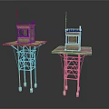 Two Rustic Elevated Metal Watchtowers With Antennas And Observation Cabins