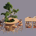 Wooden Tables And Chairs Set With Round Table Stools Rectangular Table And Green Plant 3d model