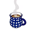Blue Mug With White Polka Dot Pattern Holding Brown Liquid And Steam On White Background