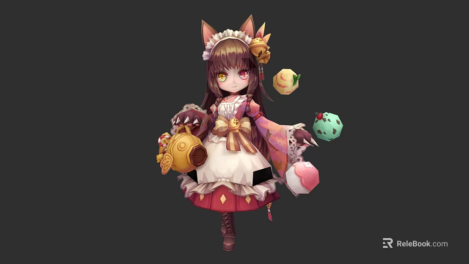 Cute Cat Ear Game and Movie Character in Maid Outfit Holding Dessert Items 3d model 