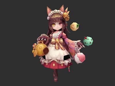 Cute Cat Ear Game and Movie Character in Maid Outfit Holding Dessert Items 3d model