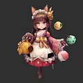 Cute Cat Ear Game and Movie Character in Maid Outfit Holding Dessert Items