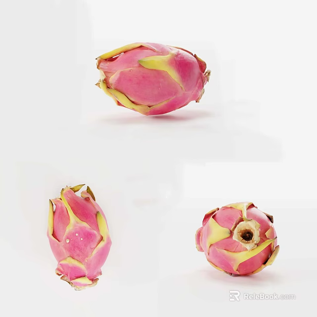 Fresh Pink Dragon Fruit With Yellow Tips Displayed On White Background 3d model 