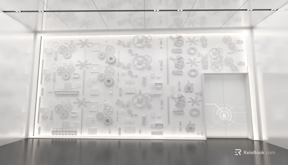 White Wall With Intricate Mechanical Parts And Gear Patterns In Exhibition Space 3d model 
