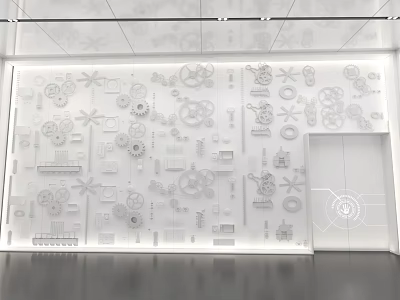 White Wall With Intricate Mechanical Parts And Gear Patterns In Exhibition Space 3d model