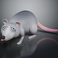 Cute 3D Grey Mouse Character with Blue Eyes and Pink Tail on Dark Reflective Surface