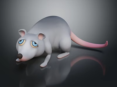 Cute 3D Grey Mouse Character with Blue Eyes and Pink Tail on Dark Reflective Surface 3d model