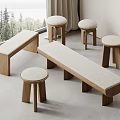 Modern Wooden Stools And Bench With Knitted Seats In Minimalist Interior With Natural Light