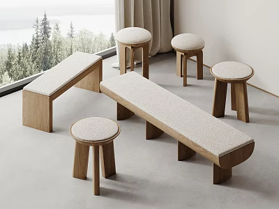 Modern Wooden Stools And Bench With Knitted Seats In Minimalist Interior With Natural Light 3d model