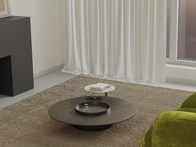 Modern Living Room Green Sofa And Round Dark Coffee Table Set With Tray On Rug 3d model