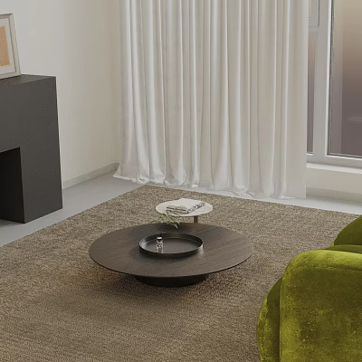 Modern Living Room Green Sofa And Round Dark Coffee Table Set With Tray On Rug 3d model