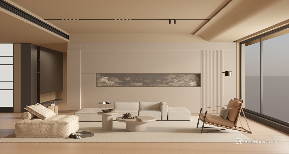 Elegant Modern Living Room With Beige Sofa Rug Wall Art Accent Chair And Floor-to-Ceiling Window 3d model 