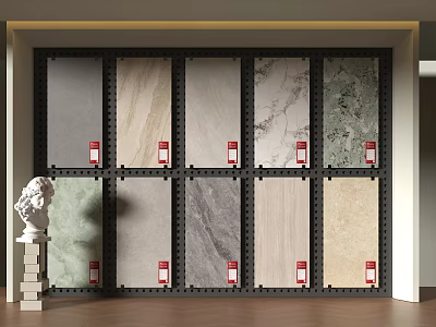 Various Design Floor Tiles Displayed On Wall In Showroom With Sculpture 3d model