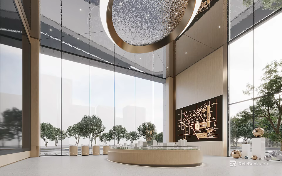 Modern Lobby Interior With Large Windows Circular Chandelier Reception Desk And City View 3d model 