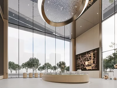 Modern Lobby Interior With Large Windows Circular Chandelier Reception Desk And City View 3d model
