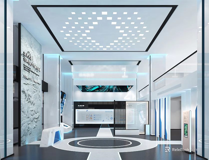 Modern Exhibition Hall Interior Design With Ceiling Lights Glass Partitions And Circular Floor 3d model 