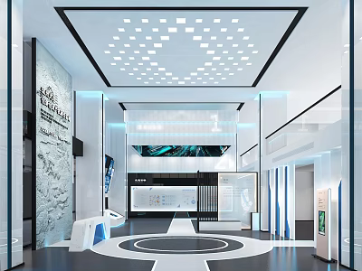 Modern Exhibition Hall Interior Design With Ceiling Lights Glass Partitions And Circular Floor 3d model