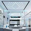 Modern Exhibition Hall Interior Design With Ceiling Lights Glass Partitions And Circular Floor