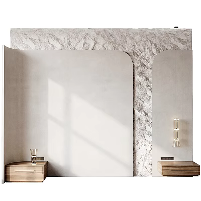 Modern Bed Accent Wall With Textured Finish And Wooden Nightstands 3d model
