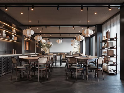 Modern Restaurant Interior With Wooden Dining Tables Chairs Pendant Lights And Decorative Shelves 3d model