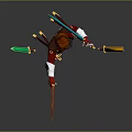 3D Fantasy Character Holding Multiple Swords With Red Coat Brown Hair And White Boots