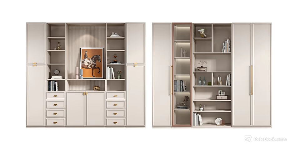 Elegant Modern Bookcase Design With Multiple Shelves Drawers And Decorative Items 3d model