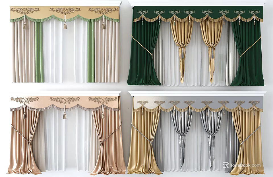 Elegant Multicolor Curtains With Ornate Valance And Luxurious Drapes Design 3d model 