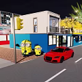 Vibrant Commercial Street Night Scene with Bright Lighting Shops Pedestrians and Cars