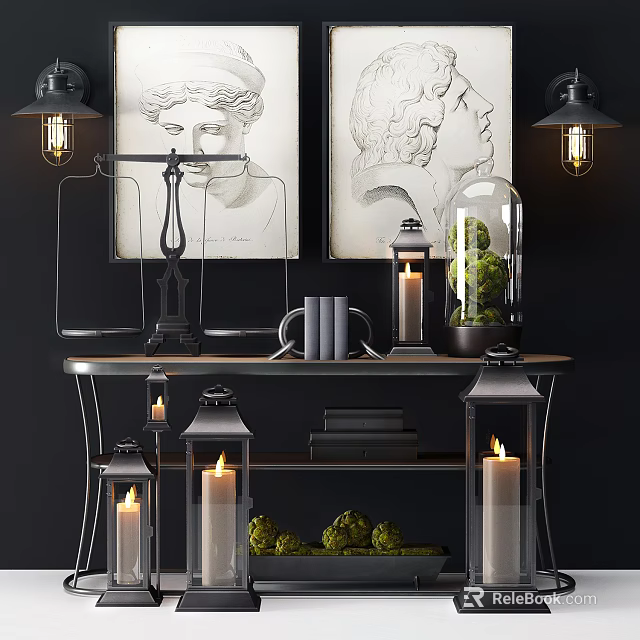 Elegant Candle Lamp Decor With Framed Portraits Green Plants And Books On Shelf 3d model 