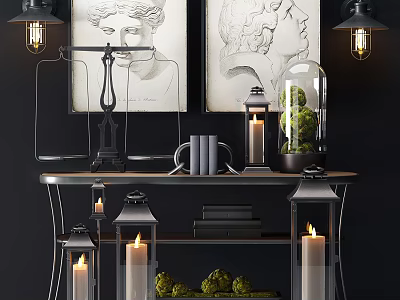 Elegant Candle Lamp Decor With Framed Portraits Green Plants And Books On Shelf 3d model