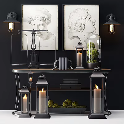 Elegant Candle Lamp Decor With Framed Portraits Green Plants And Books On Shelf 3d model