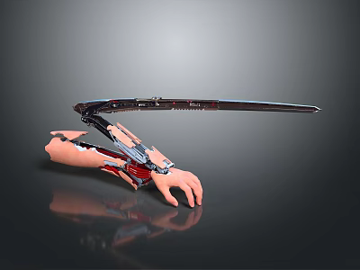 Futuristic Mechanical Arm With Human Hand Featuring Metal And Red Details 3d model