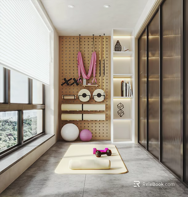 Indoor Fitness Area With Wall Mounted Training Equipment Yoga Ball Dumbbells Wooden Wall Storage Cabinets 3d model 