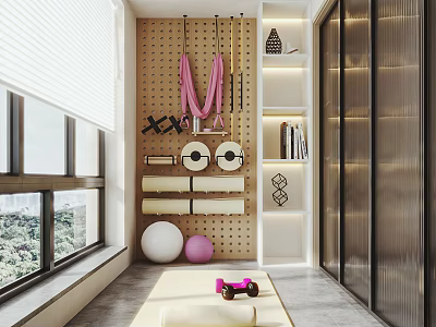 Indoor Fitness Area With Wall Mounted Training Equipment Yoga Ball Dumbbells Wooden Wall Storage Cabinets 3d model